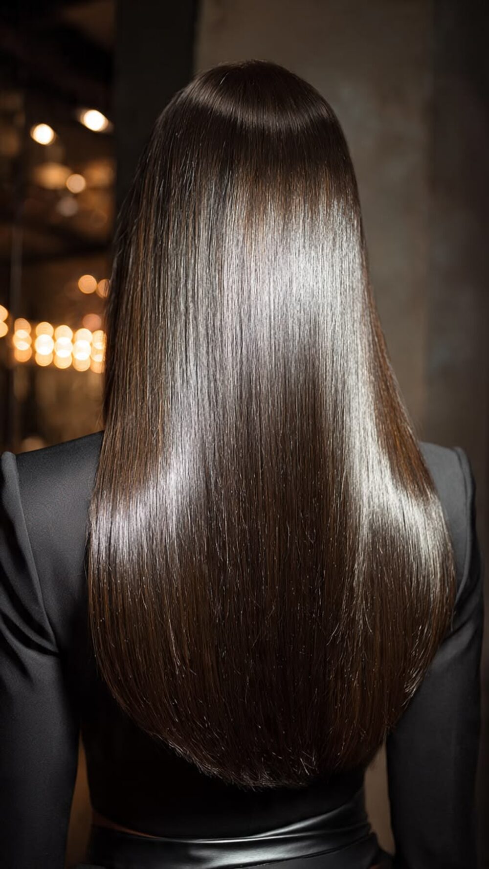 Long, straight, glossy dark hair seen from the back