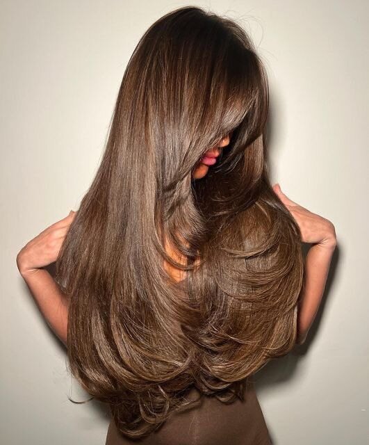 Long layered brown hair with shine and movement