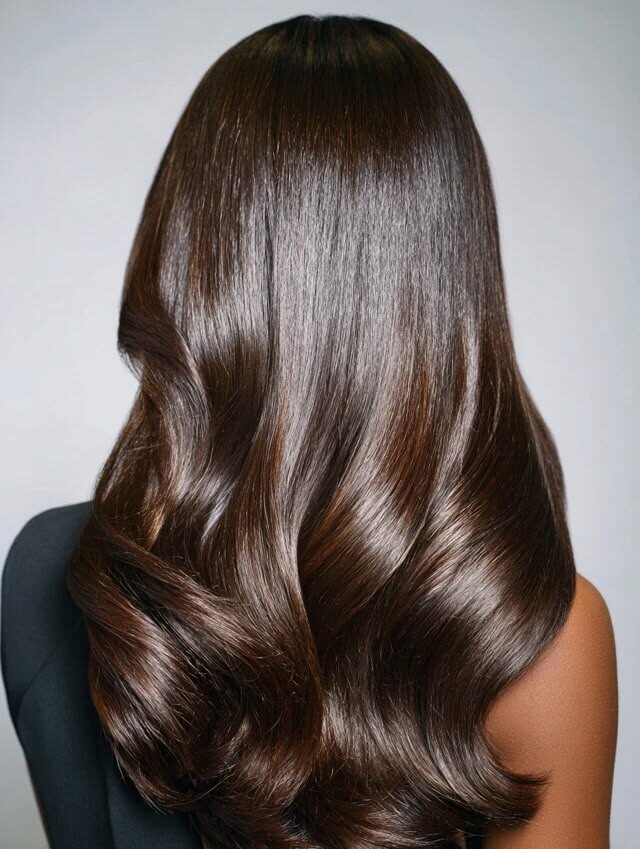 Glossy dark hair with soft waves